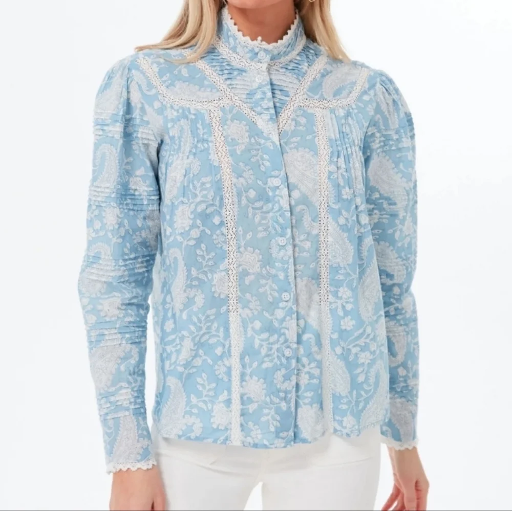 Tuckernuck Light Blue and White Floral Lace-Trim Button Down Shirt - Picture 15 of 15